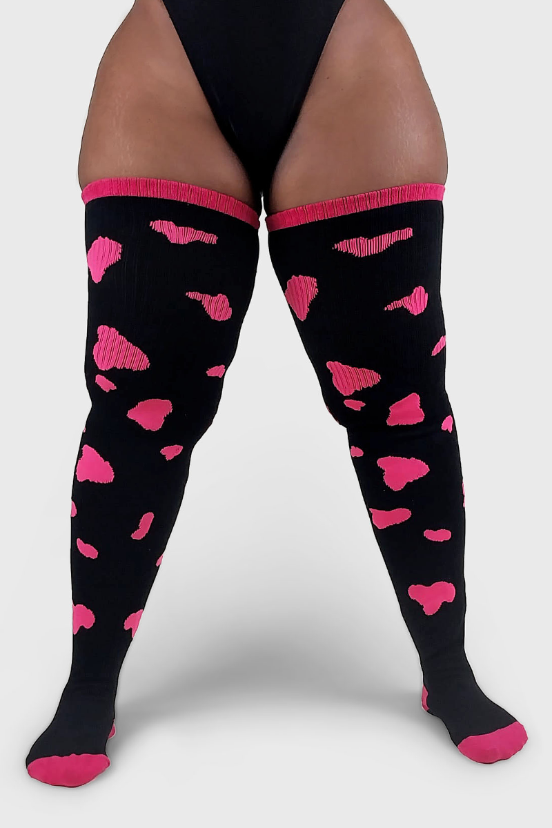 THUNDA THIGHS Tūbbies - Cow Print (Black w/Neon Pink Spots)