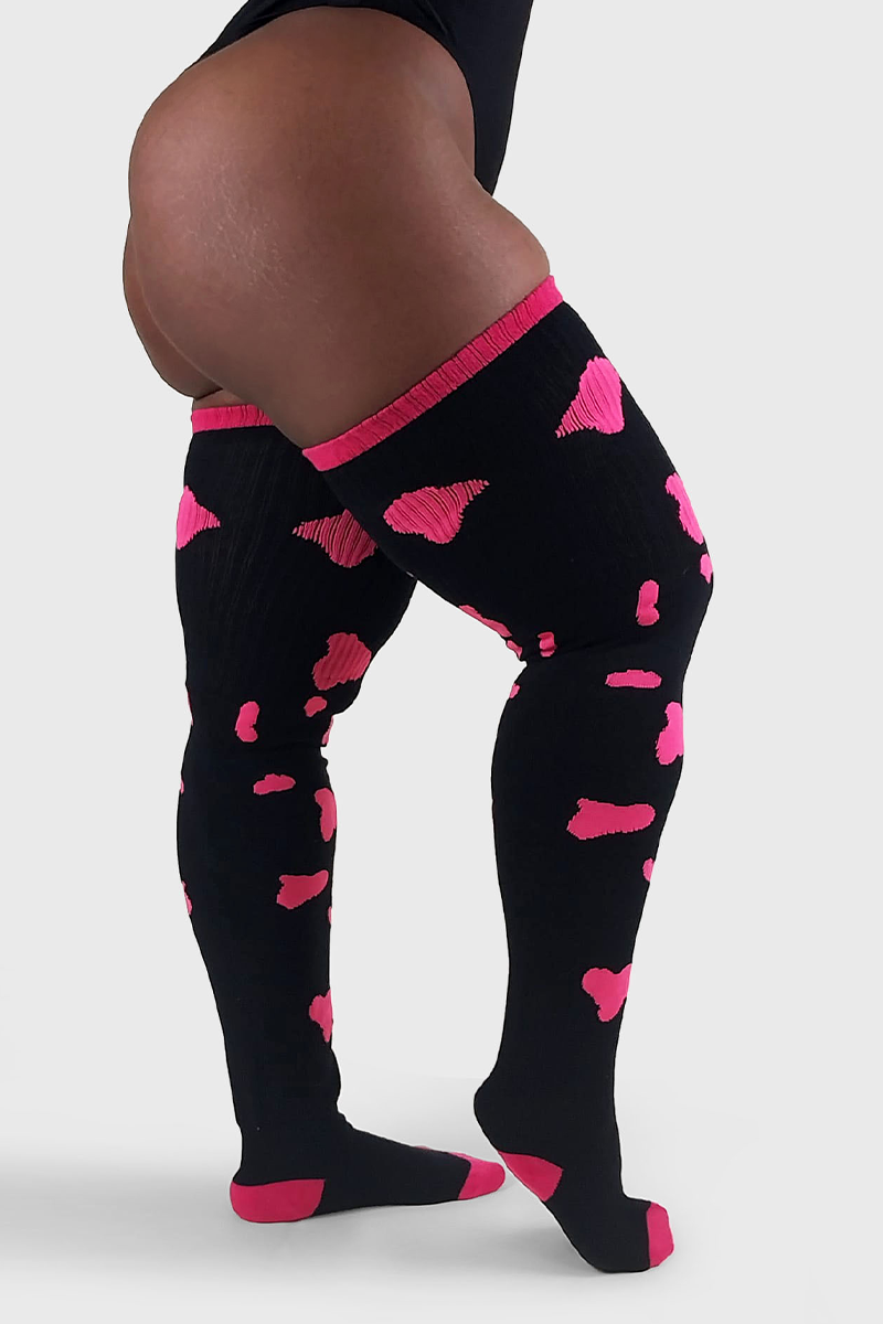 THUNDA THIGHS Tūbbies - Cow Print (Black w/Neon Pink Spots)