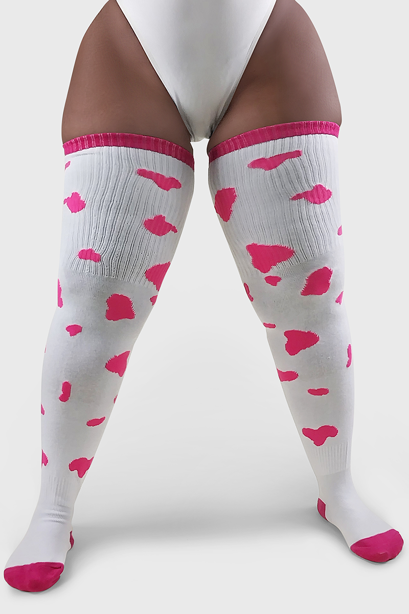 THUNDA THIGHS Tūbbies - Cow Print (White w/Neon Pink Spots)
