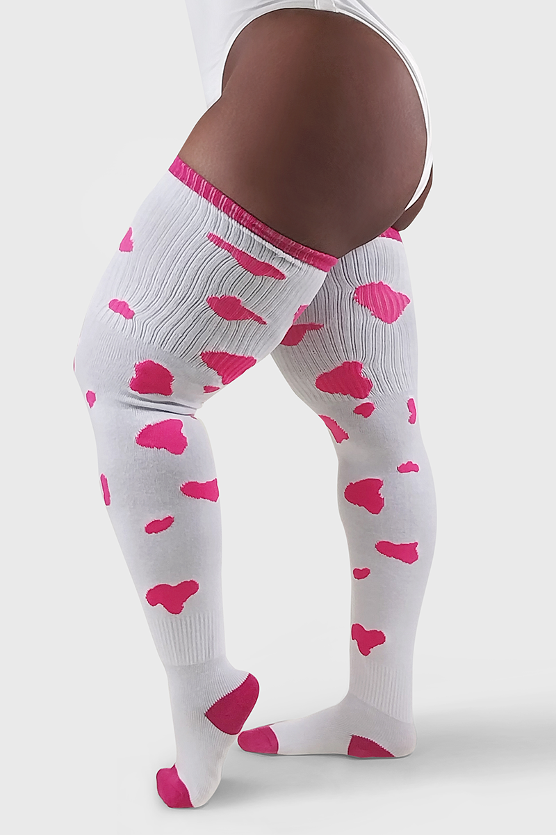 THUNDA THIGHS Tūbbies - Cow Print (White w/Neon Pink Spots)