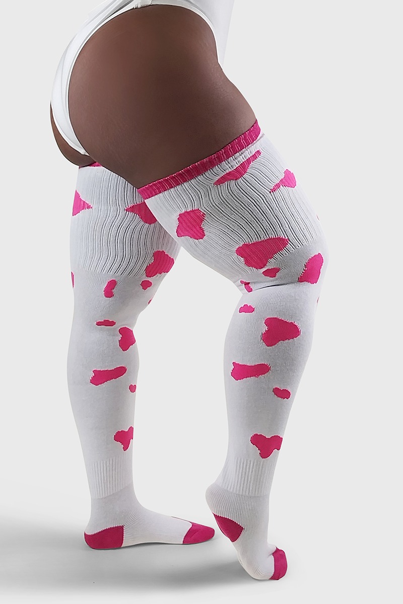 THUNDA THIGHS Tūbbies - Cow Print (White w/Neon Pink Spots)